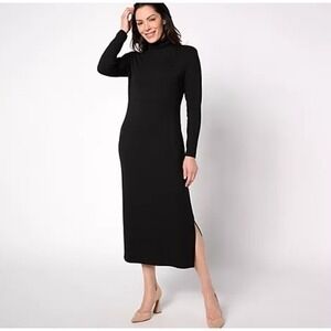 QVC Black Midi Dress Long Sleeve Mock Neck Tummy Control Career 1X Petite‎  NWT